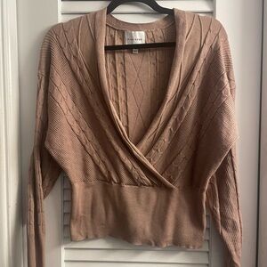 Pink Rose Size Large Cropped Faux Wrap Cable Knit Sweater